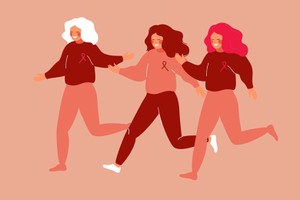 Cartoon young women running in a pink dress with ribbons. Charity race runs and fitness walks raises awareness for the HIV
