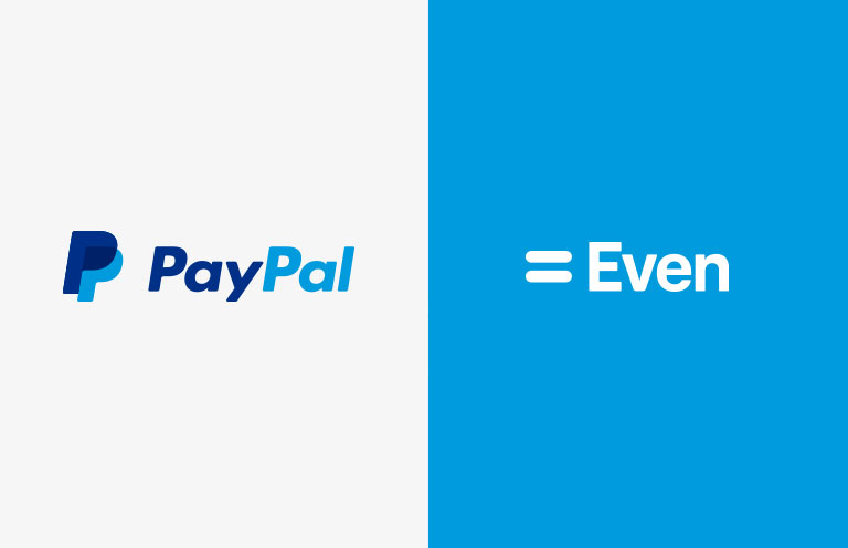 A blue PayPal logo against a white background on the left, and a white Even logo against a blue background on the right.