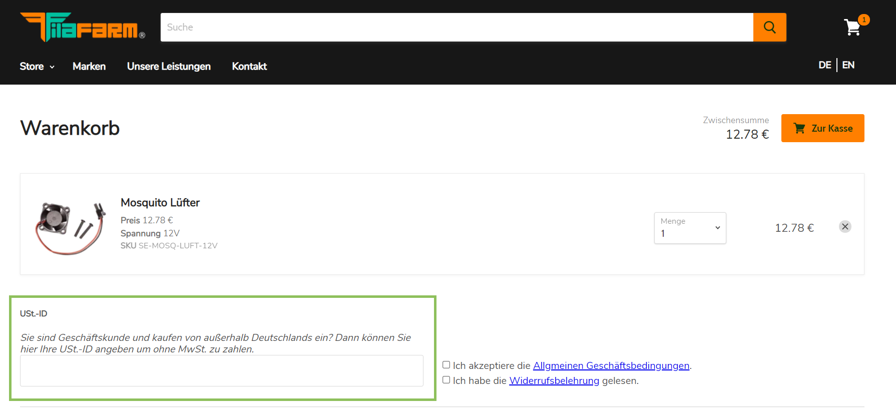 Im Warenkorb von Filafarm kann die Umsatzsteuer-ID dank der App einfach eingetragen werden