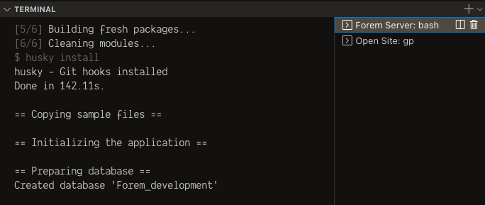 Gitpod Forem Server terminal session