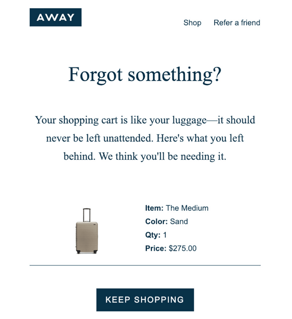 Away Abandoned cart email