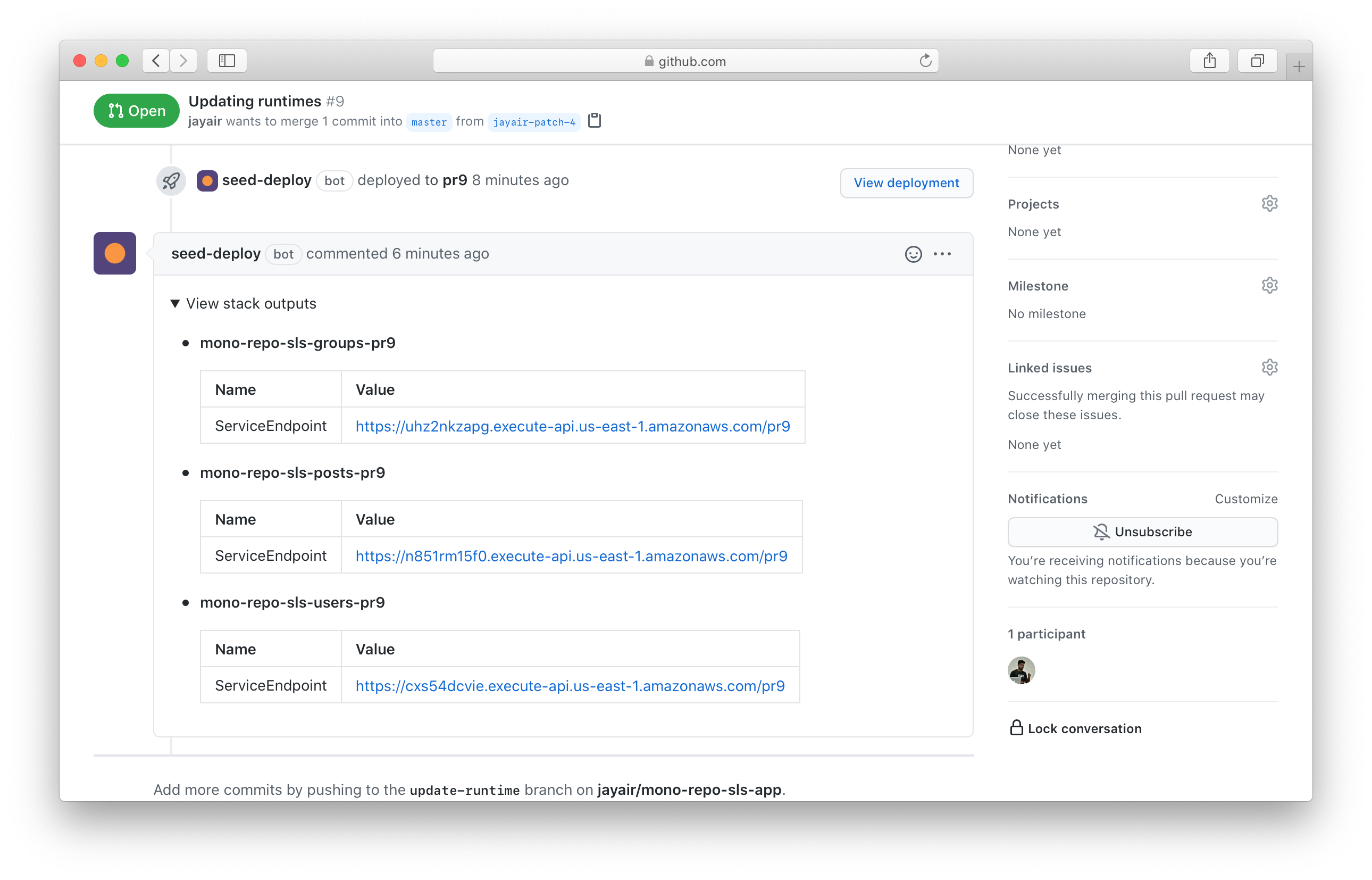 Seed PR stack outputs in GitHub