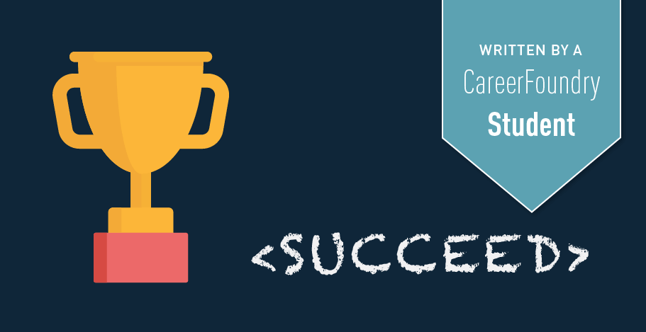 Trophy for learning code Illustration of a golden trophy next to the words 'succeed'