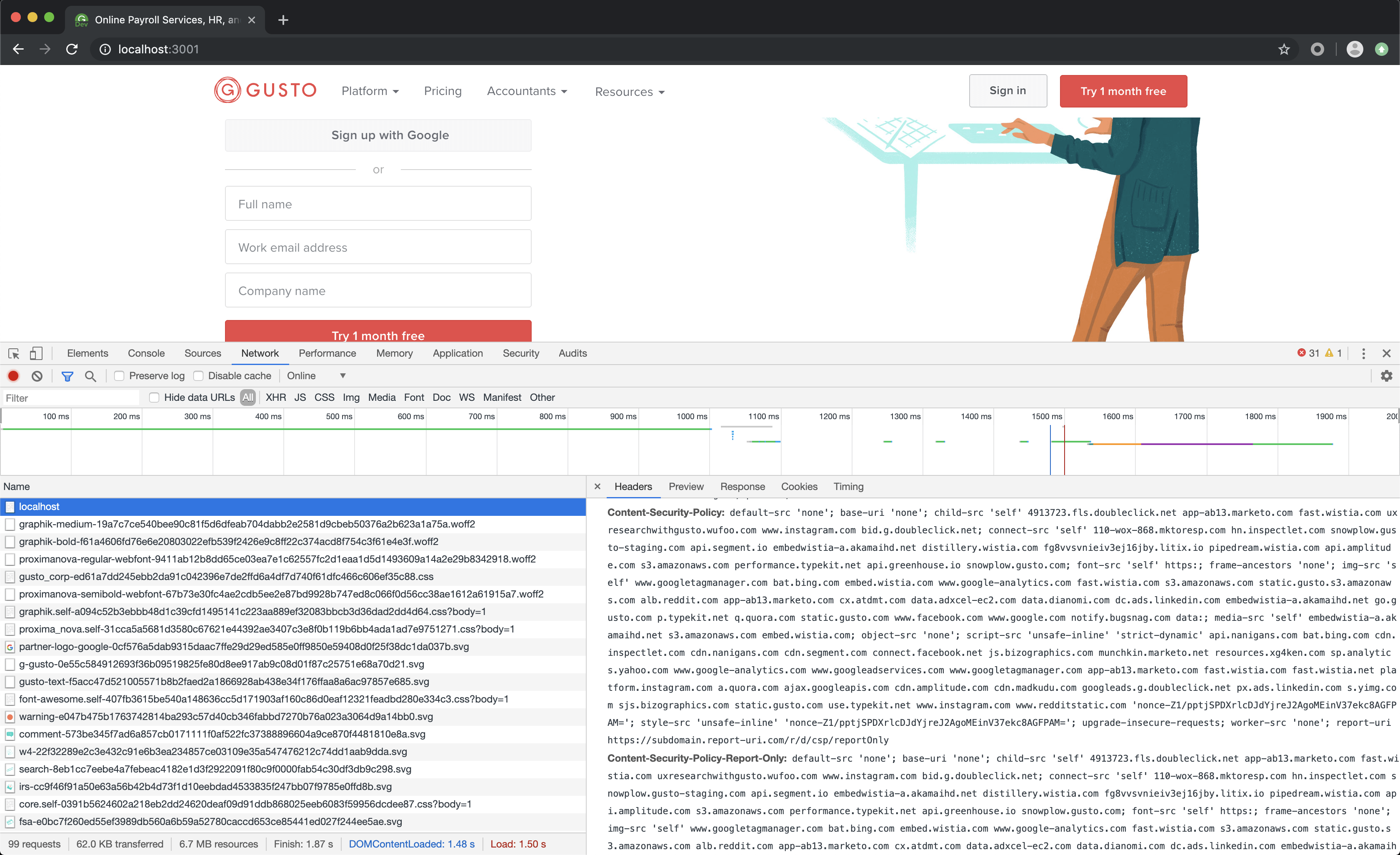 Network tab in Chrome DevTools shows that both Content-Security-Policy and Content-Security-Policy-Report-Only headers are sent