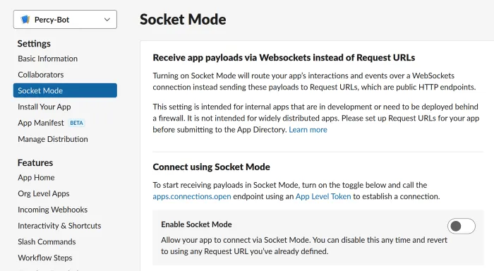 Slack — Enable Socket Mode to allow Websocket instead of HTTP