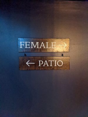 A  photo of a black wall with two small wooden signs. The top sign has FEMALE printed on it and points right. The bottom sign has PATIO printed on it and points left.