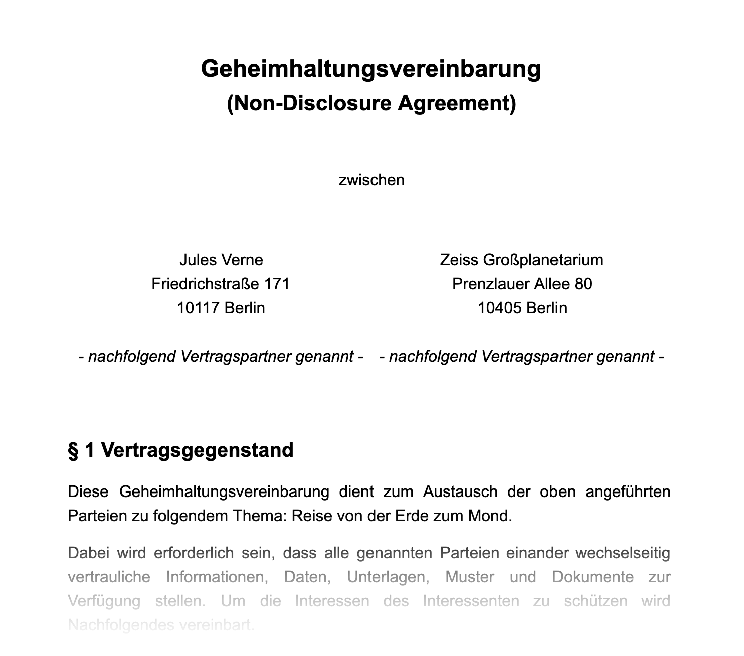 Muster einer Geheimhaltungsvereinbarung