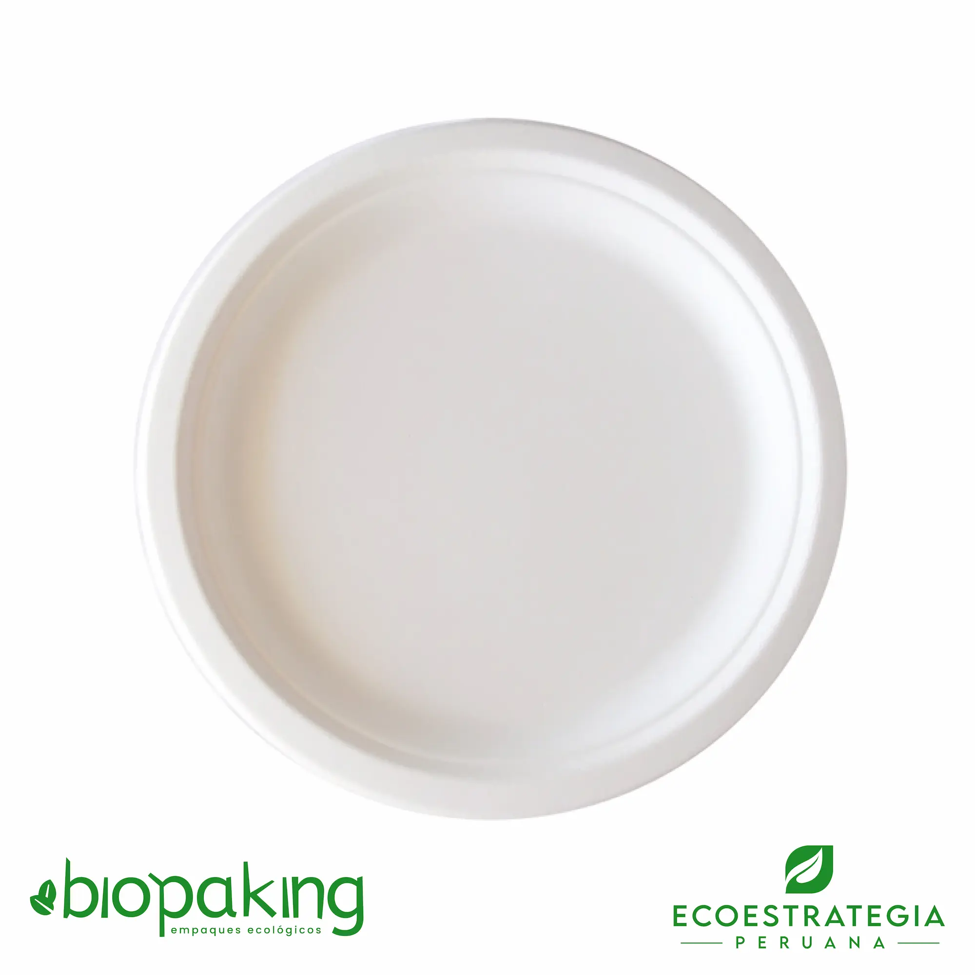 Este plato de 26cm está hecho a base del bagazo de caña de azúcar. Producto de materiales biodegradables. Cotiza tus tapers y envases ecológicos y descartables.