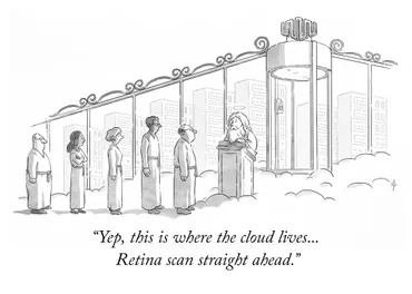 A cartoon-style illustration of a line of people waiting to enter a data center in a literal cloud via Equinix Pearly Gates. St. Peter is guarding the entrance. The caption reads: Yes, this is where the cloud lives... Retina scan this way.