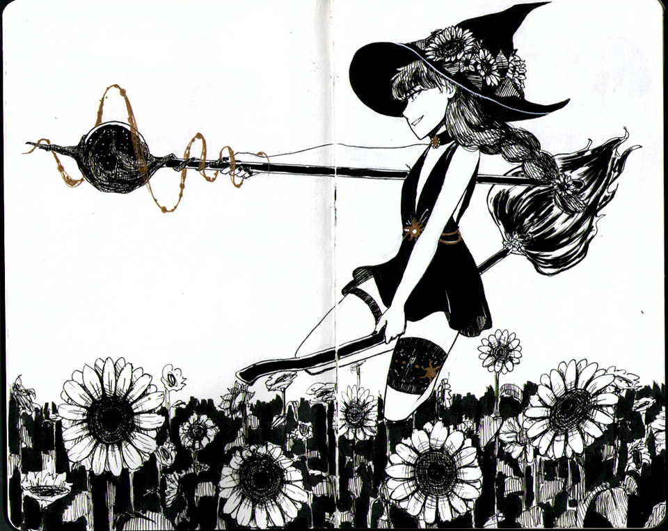 Witch in a field of sunflowers.