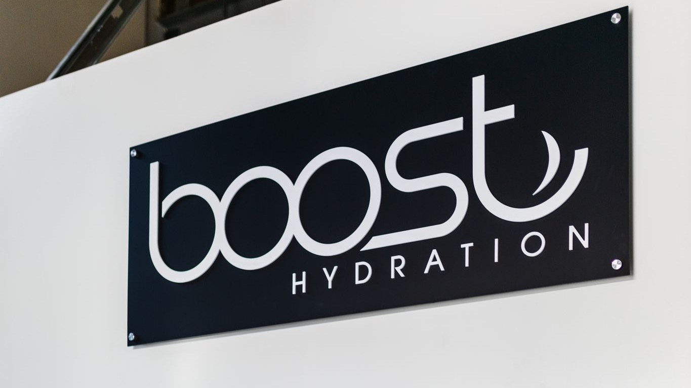 Boost Hydration sign at Boost Hydration in Newport Beach, CA.
