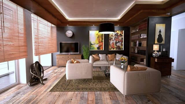 enlarged photo modern living room with dark blue walls and hardwood flooring