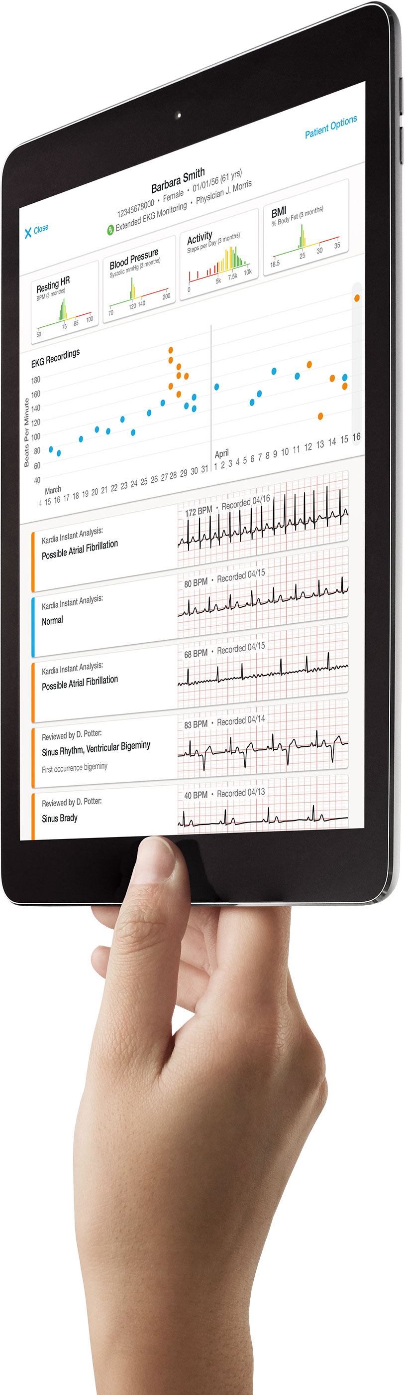 Hand holding an iPad with Kardia Pro