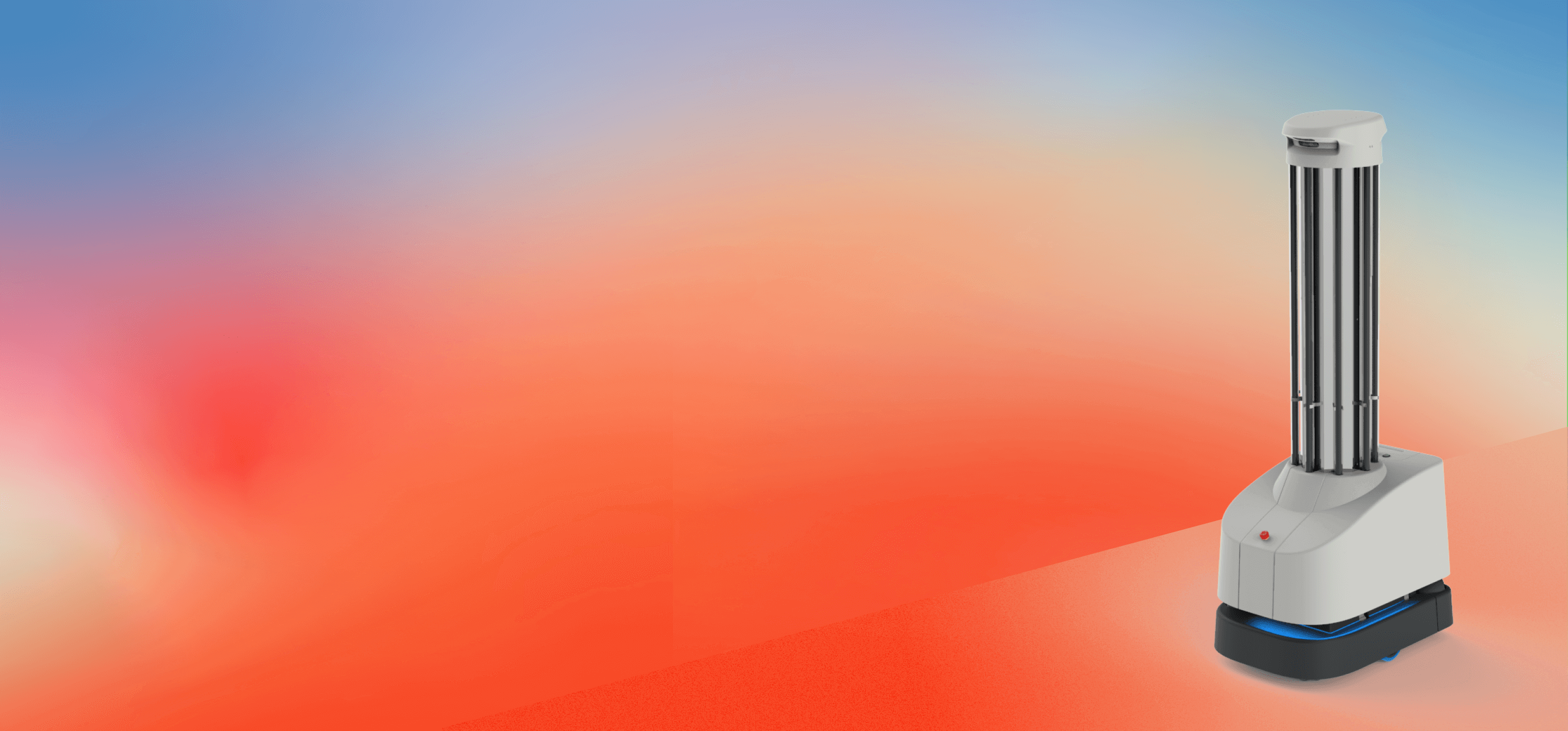 The UVD Robots cruising on a orange gradient background.