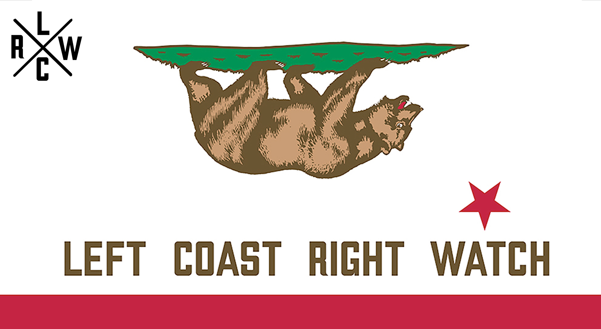 LCRW logo showing the the Californian flag with the bear and star turned upside down and Left Coast Right Watch